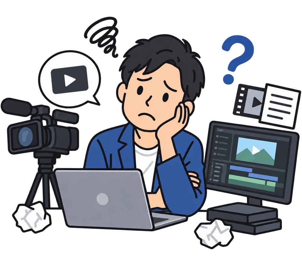 動画づくりに悩む担当者のイラスト