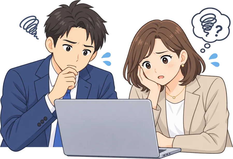 パソコンの画面を見ながら困った表情を浮かべる男女