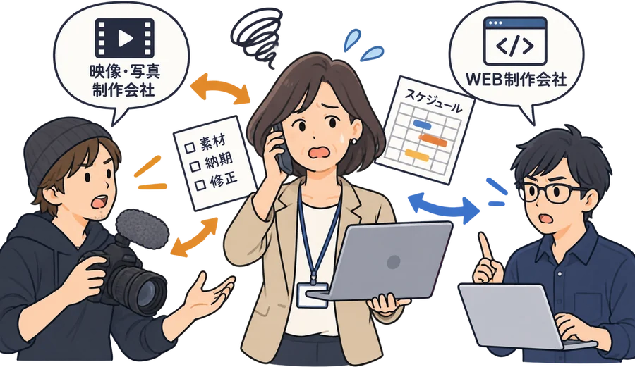 映像・写真制作会社とWEB制作会社の間に立ち、素材や納期の調整に追われる担当者