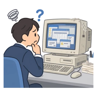 古いパソコンの画面を前に困っている人