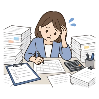 積み上がった書類を手作業で集計している様子